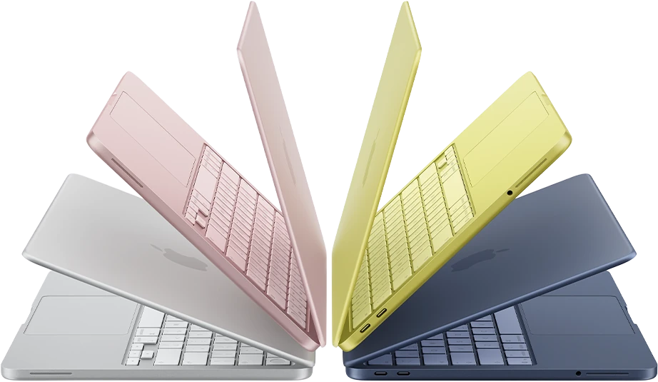 MacBook Neo nas cores prata, rosa, amarelo e azul